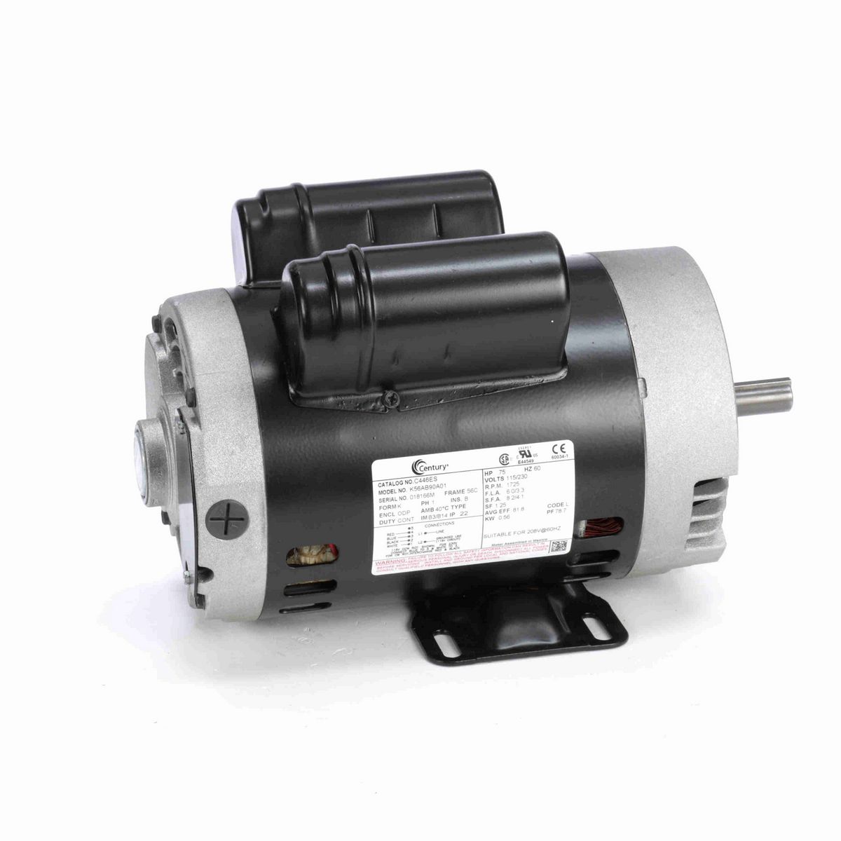 Century General Purpose Motor, .75 HP, 1 Ph, 60 Hz, 115/230 V, 1800 RPM, 56C Frame, ODP - C446ES