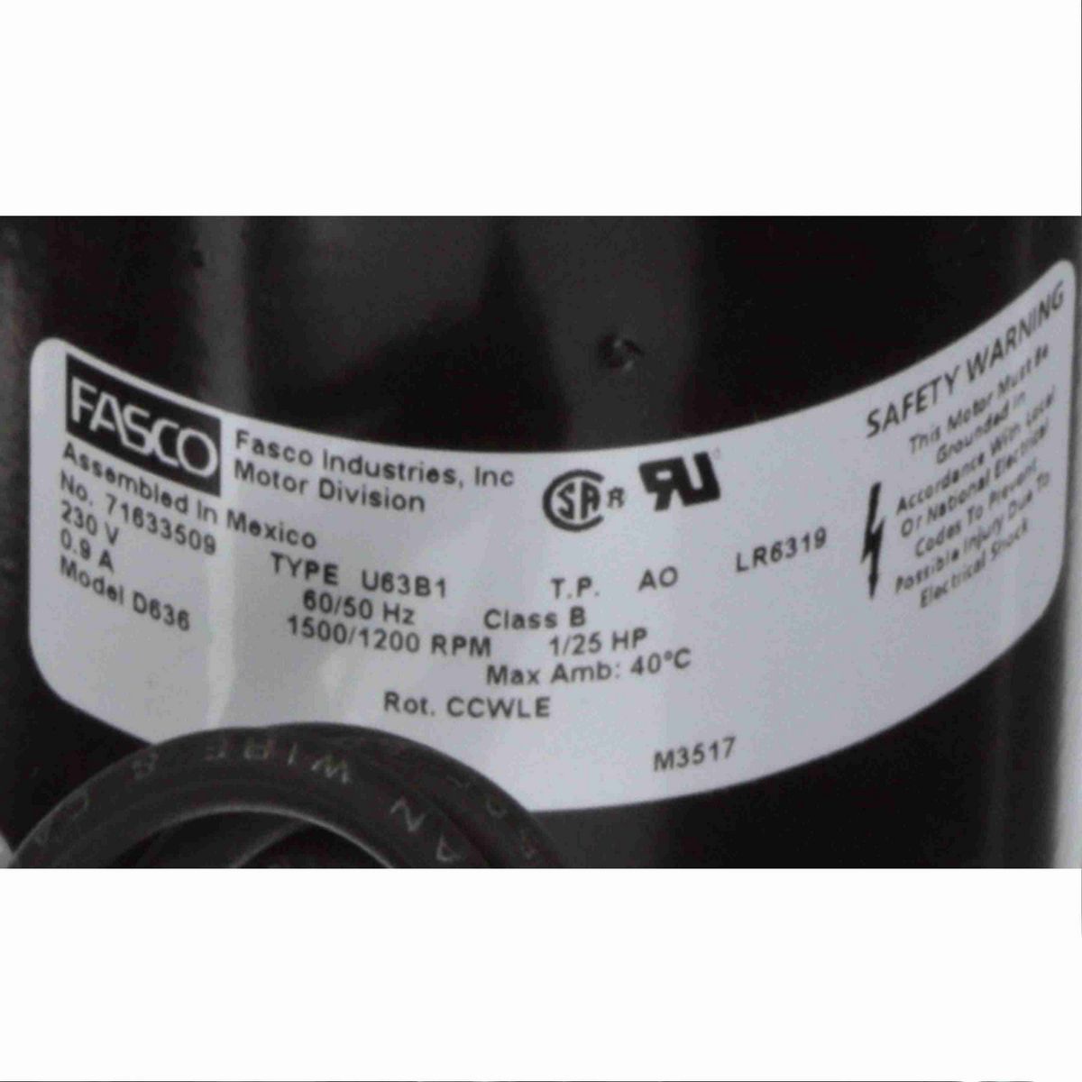 FASCO OEM Replacement Motor, 1/25 HP, 1 Ph, 60 Hz, 230 V, 1500/1200 RPM, 1 Speed, 3.3" Diameter, OAO - D636