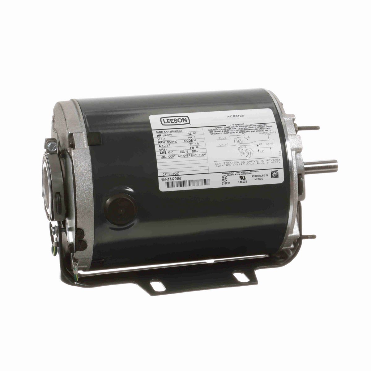 LEESON General Purpose Farm Duty Motor, 1/4-1/12 HP, 1 Ph, 60 Hz, 115 V, 1800 RPM, 48 Frame, TENV - H203
