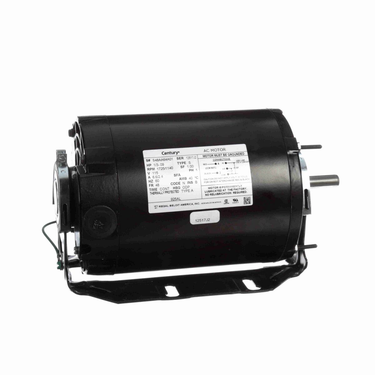 Century Fan and Blower Motor, 1/3-.09 HP, 1 Ph, 60 Hz, 115 V, 1800 RPM, 48 Frame, ODP - 925AL