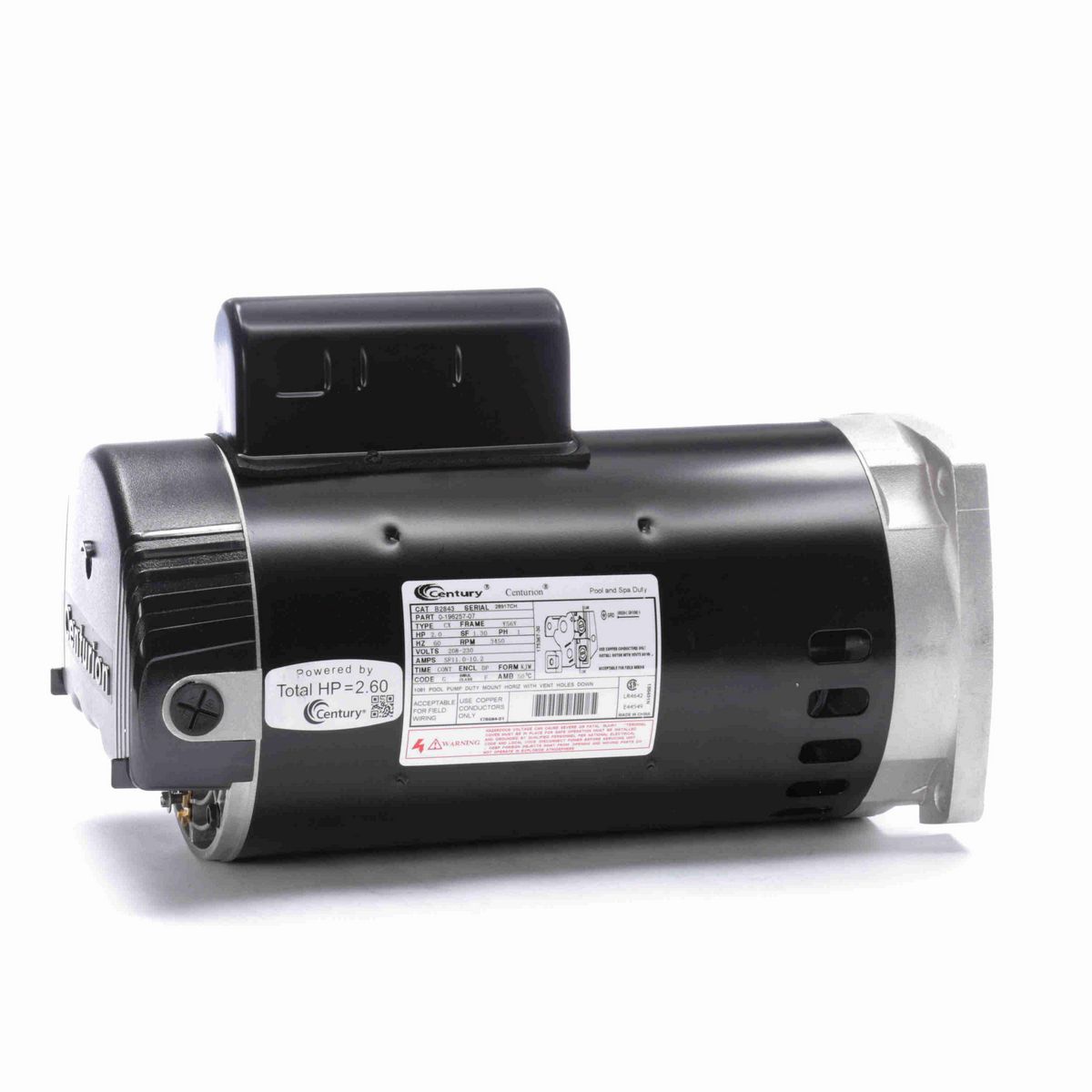 Century Pool Pump Motor, 2.0 HP, 1 Ph, 60 Hz, 208-230 V, 3600 RPM, Y56Y Frame, DP - B2843