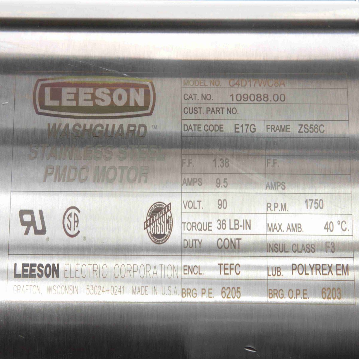 LEESON Premium Duck™ Washdown Motor, 1 HP, 90 V, 1750 RPM, ZS56C Frame, TEFC - 109088.00
