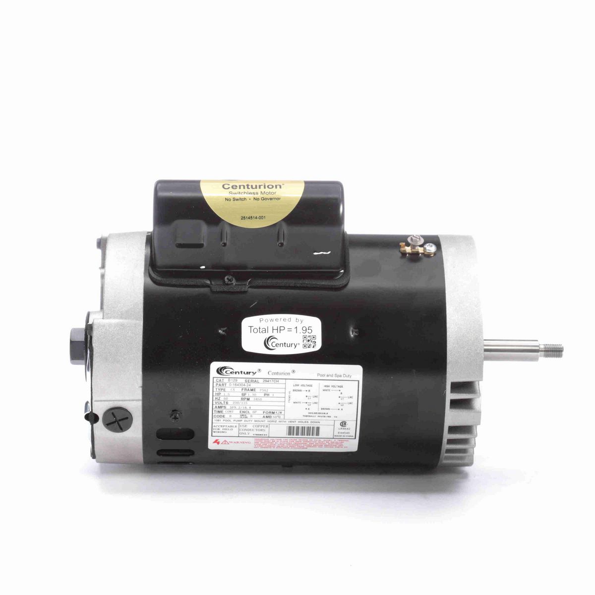 Century Pool Pump Motor, 1.5 HP, 1 Ph, 60 Hz, 230/115 V, 3600 RPM, P56J Frame, DP - B129