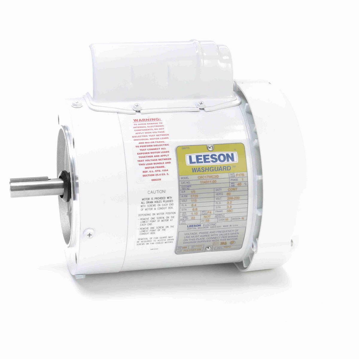 LEESON White Duck™ General Purpose Motor, 0.33 HP, 1 Ph, 60 Hz, 115/230 V, 1800 RPM, 56C Frame, TEFC - 114311.00