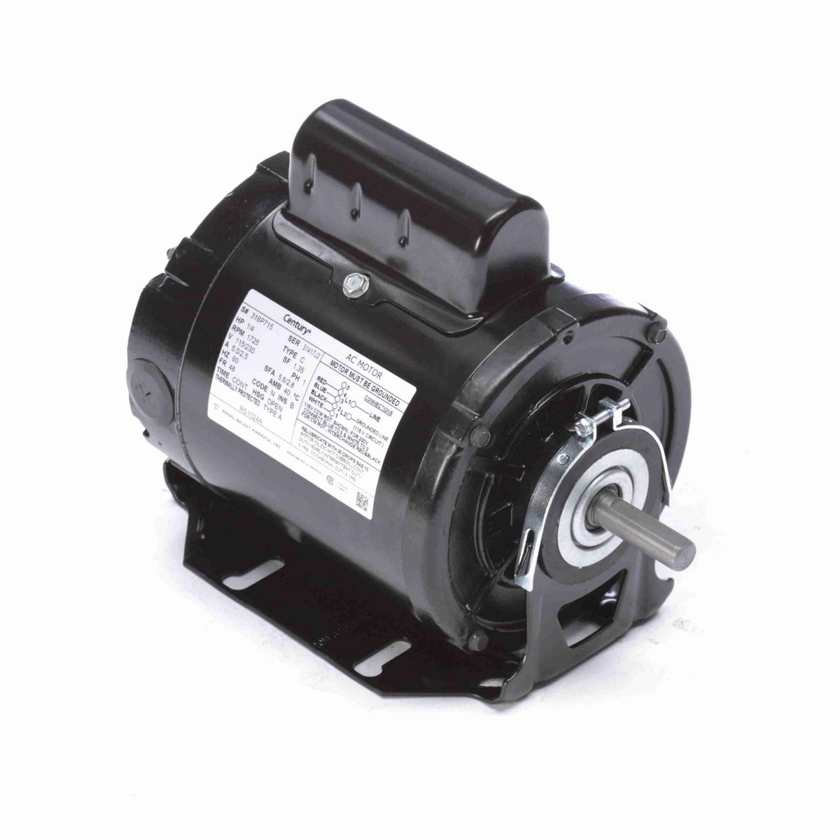 Century Fan and Blower Motor, 1/4 HP, 1 Ph, 60 Hz, 115/230 V, 1800 RPM, 48 Frame, OPEN - RS1024A