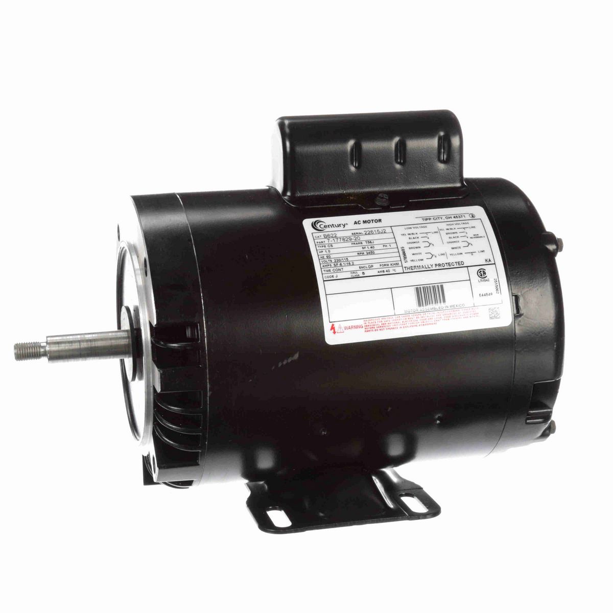 Century Centrifugal Pumps Motor, 1.0 HP, 1 Ph, 60 Hz, 230/115 V, 3600 RPM, T56J Frame, DP - B622