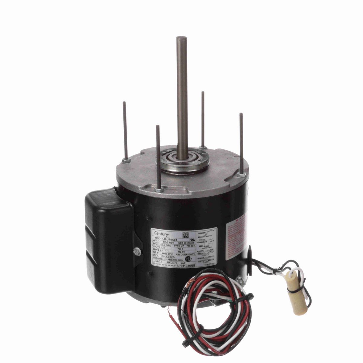 Century Unit Heater Motor, 1/3 HP, 1 Ph, 60 Hz, 230 V, 1100 RPM, 2 Speed, 48 Frame, TEAO - UHH1036NB
