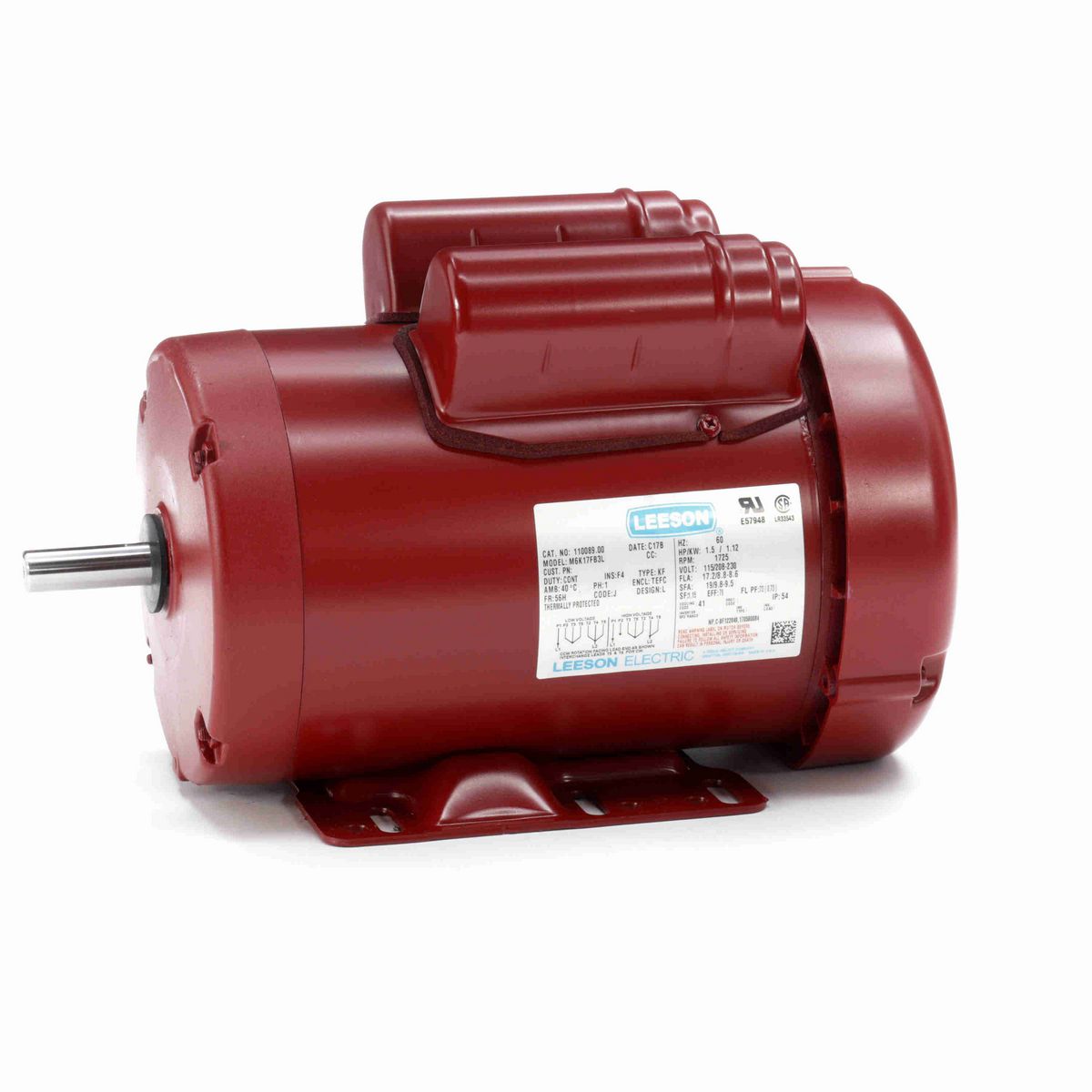 LEESON Agricultural Motor, 1.50 HP, 1 Ph, 60 Hz, 115/230 V, 1800 RPM, 56H Frame, TEFC - 110089.00