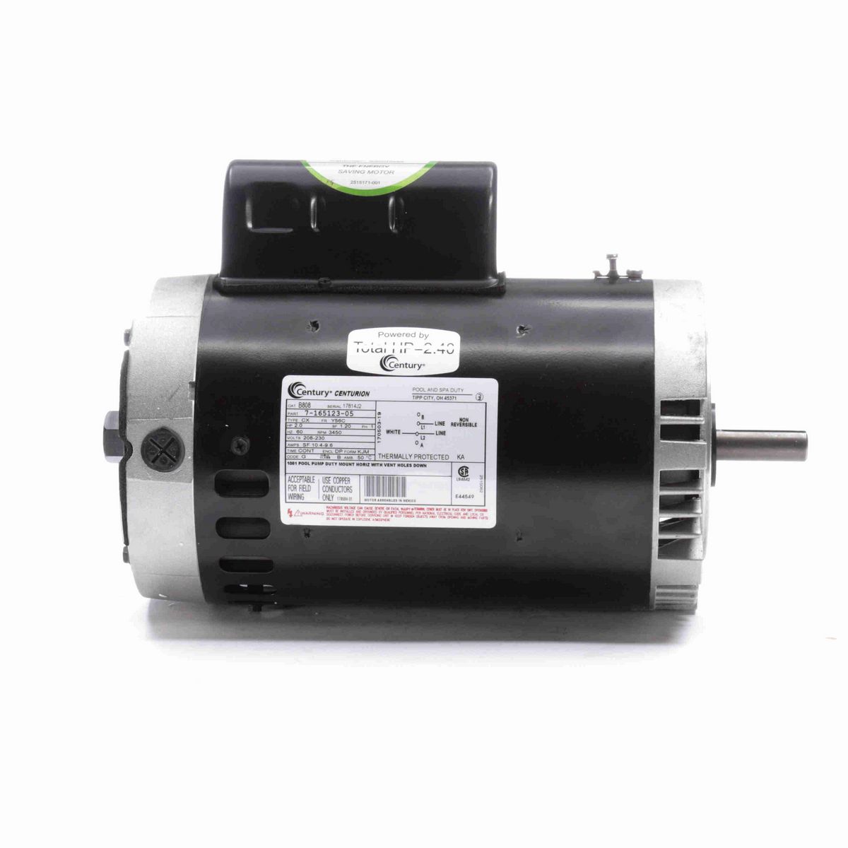 Century Pool Pump Motor, 2.0 HP, 1 Ph, 60 Hz, 208-230 V, 3600 RPM, Y56C Frame, DP - B808