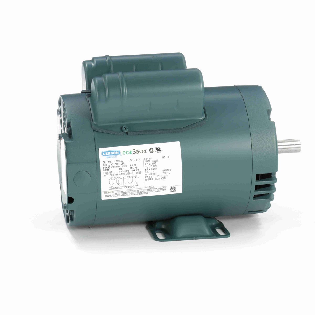 LEESON ecoSaver™ General Purpose Motor, 0.50 HP, 1 Ph, 60 Hz, 115/230 V, 1200 RPM, 56 Frame, DP - E110002.00