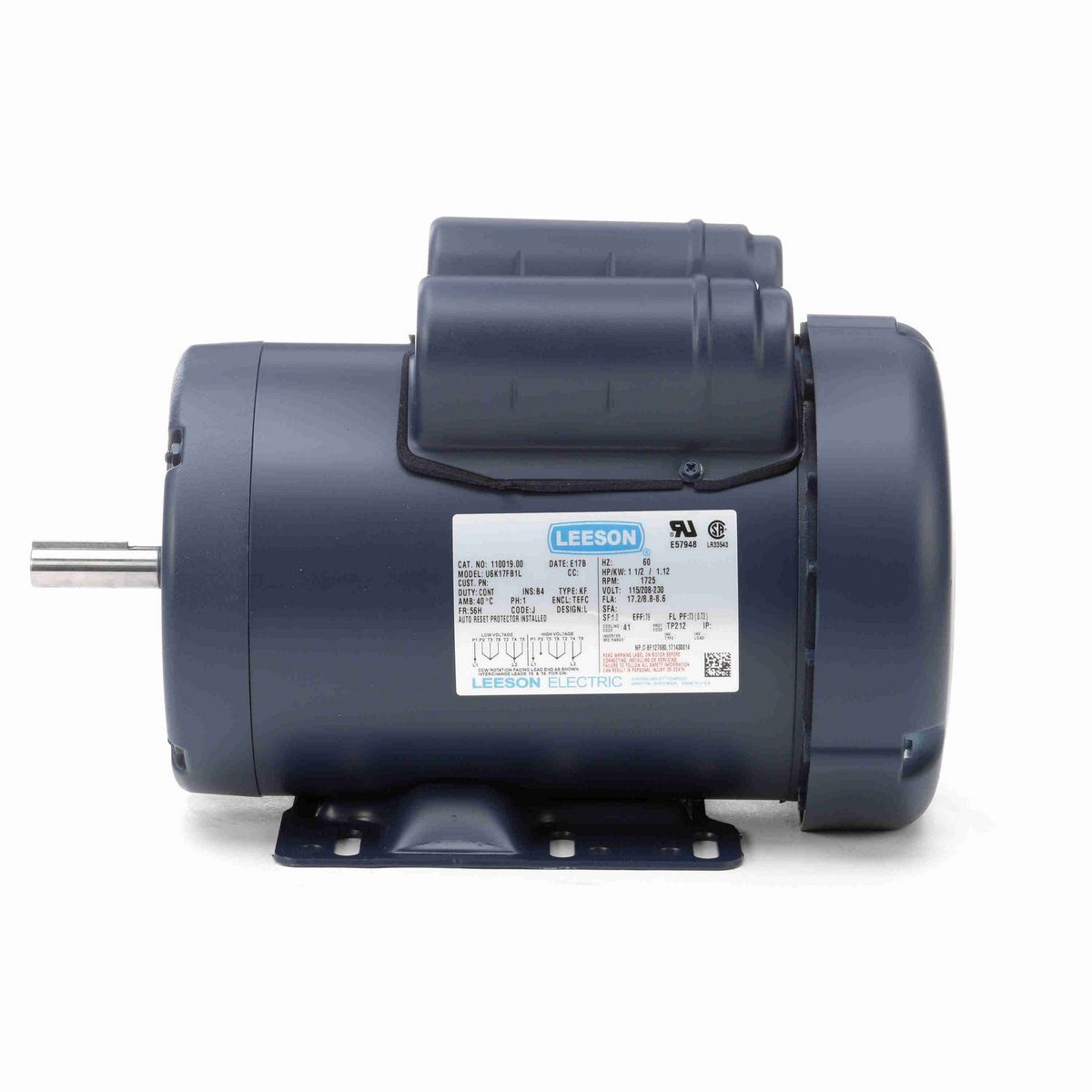 LEESON General Purpose Motor, 1.50 HP, 1 Ph, 60 Hz, 115/230 V, 1800 RPM, 56H Frame, TEFC - 110019.00