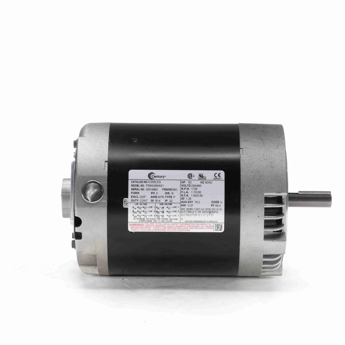 Century General Purpose Motor, .50 HP, 3 Ph, 60 Hz, 230/460 V, 1800 RPM, 56C Frame, ODP - H358LES
