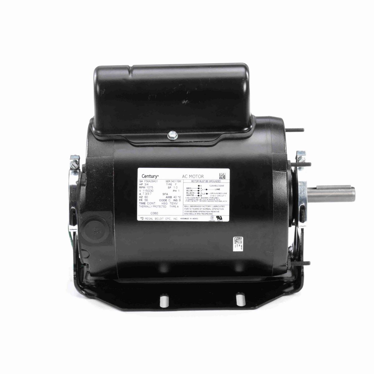 Century Fan and Blower Motor, 3/4 HP, 1 Ph, 60 Hz, 115/230 V, 1200 RPM, 56 Frame, TENV - C060