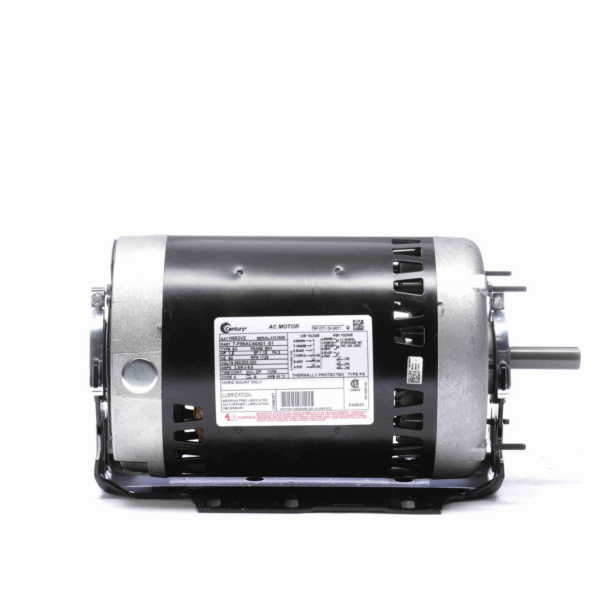 Century Fan and Blower Motor, 1.5 HP, 3 Ph, 60 Hz, 460/200-230 V, 1800 RPM, 56H Frame, DP - H853V2