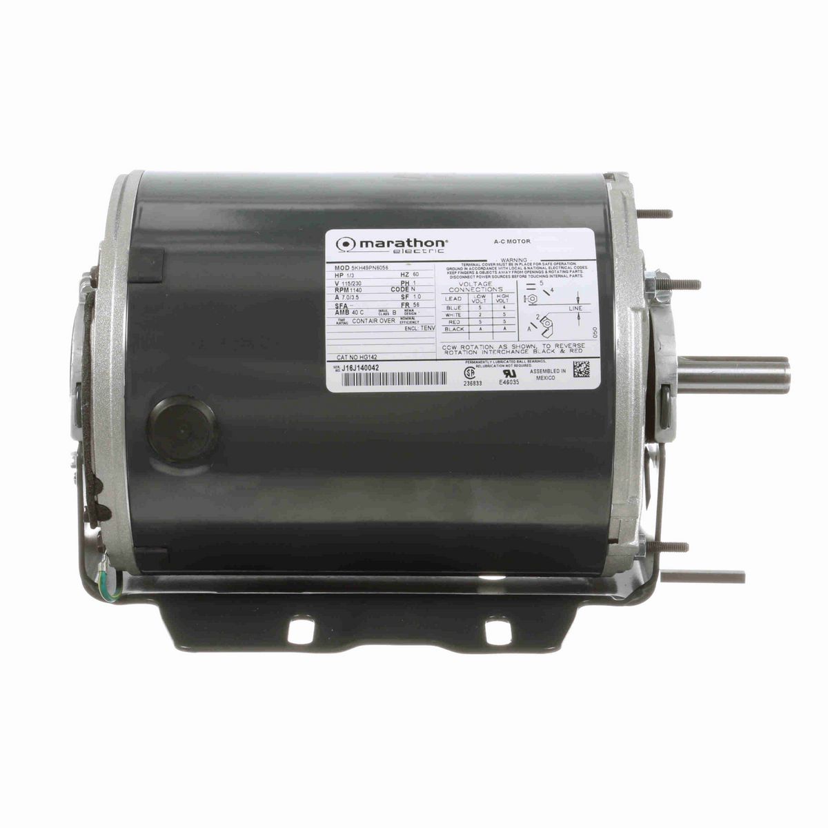 LEESON General Purpose Farm Duty Motor, 0.33 HP, 1 Ph, 60 Hz, 115/230 V, 1200 RPM, 56 Frame, TENV - HG142