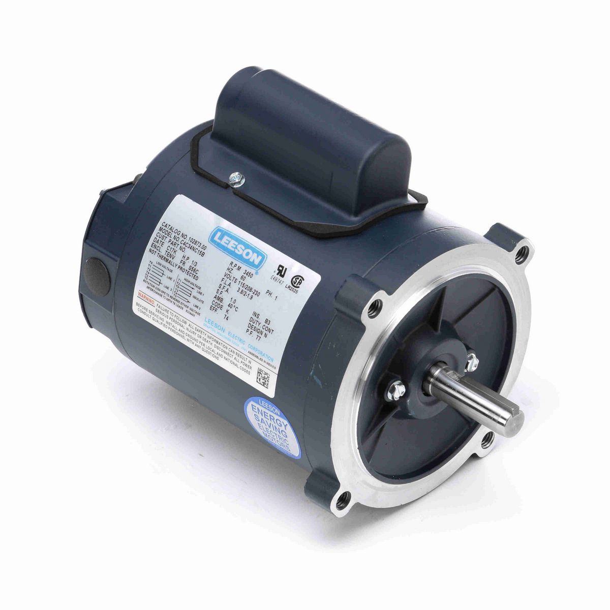 LEESON General Purpose Motor, 0.33 HP, 1 Ph, 60 Hz, 115/230 V, 3600 RPM, 56C Frame, TENV - 102873.00