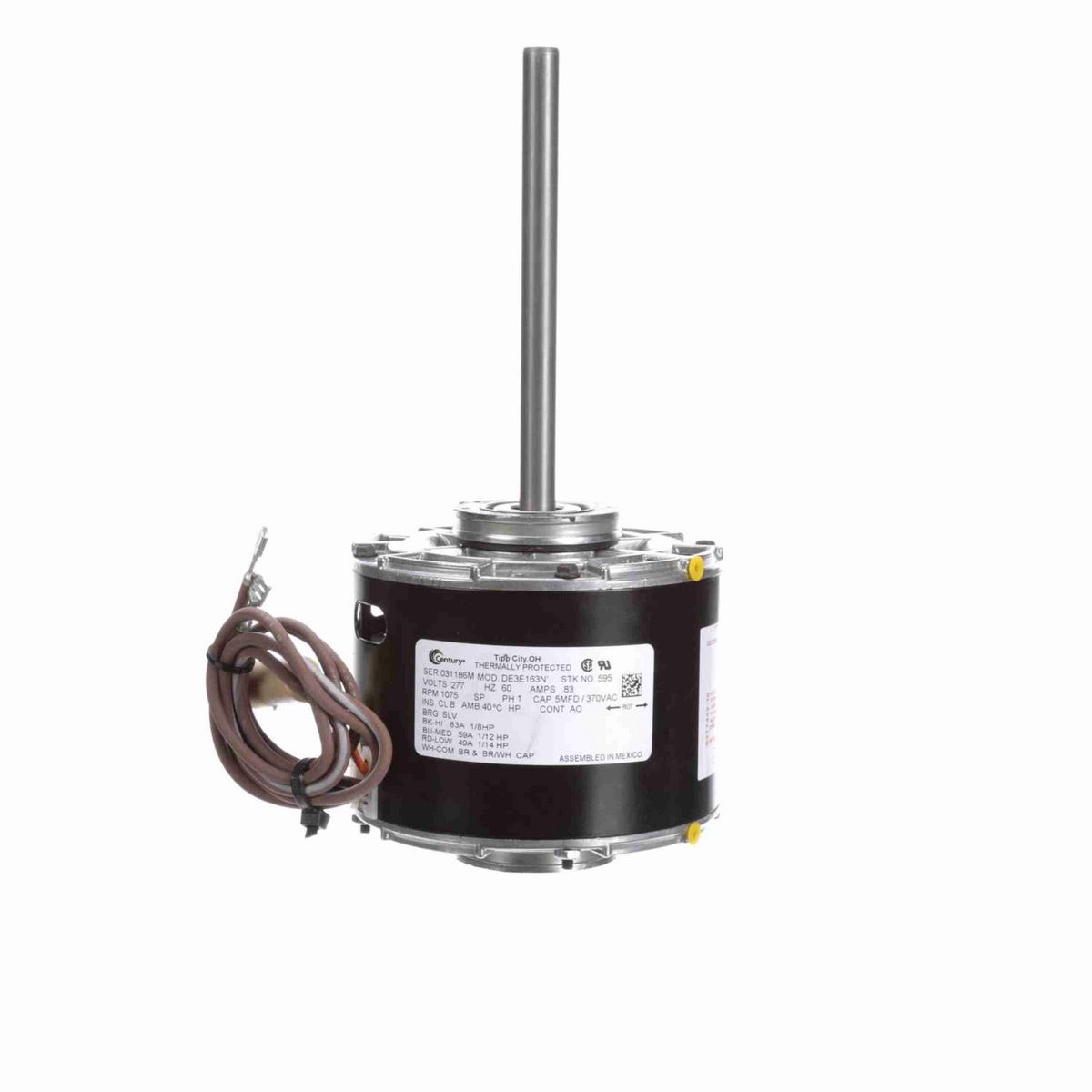 Century Fan Coil & Air Conditioner Motor, 1/8,1/12,1/14 HP, 1 Ph, 60 Hz, 277 V, 1075 RPM, 3 Speed, 42 Frame, OAO - 595A