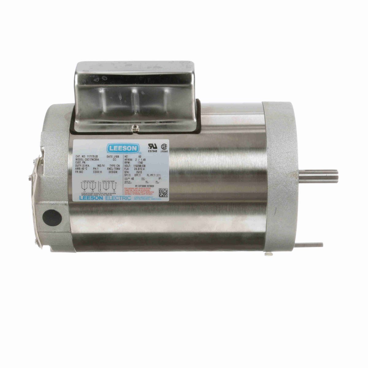 LEESON General Purpose Motor, 2 HP, 1 Ph, 60 Hz, 115/208-230 V, 1800 RPM, 56C Frame, TENV - 117179.00