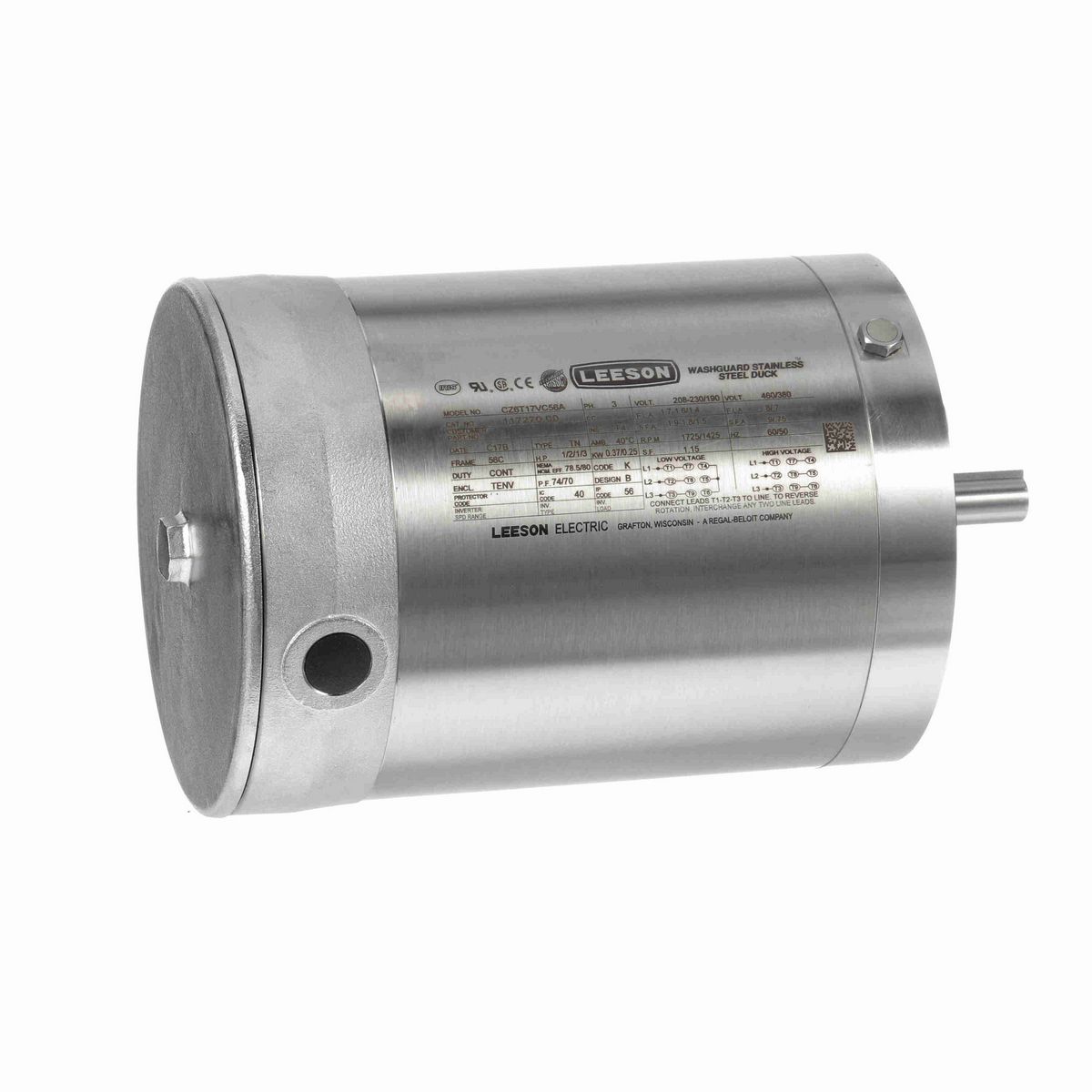 LEESON Premium Duck™ General Purpose Motor, 0.50 & 0.33 HP, 3 Ph, 60 & 50 Hz, 230/460 & 190/380 V, 1800 & 1500 RPM, 56C Frame, TENV - 117270.00