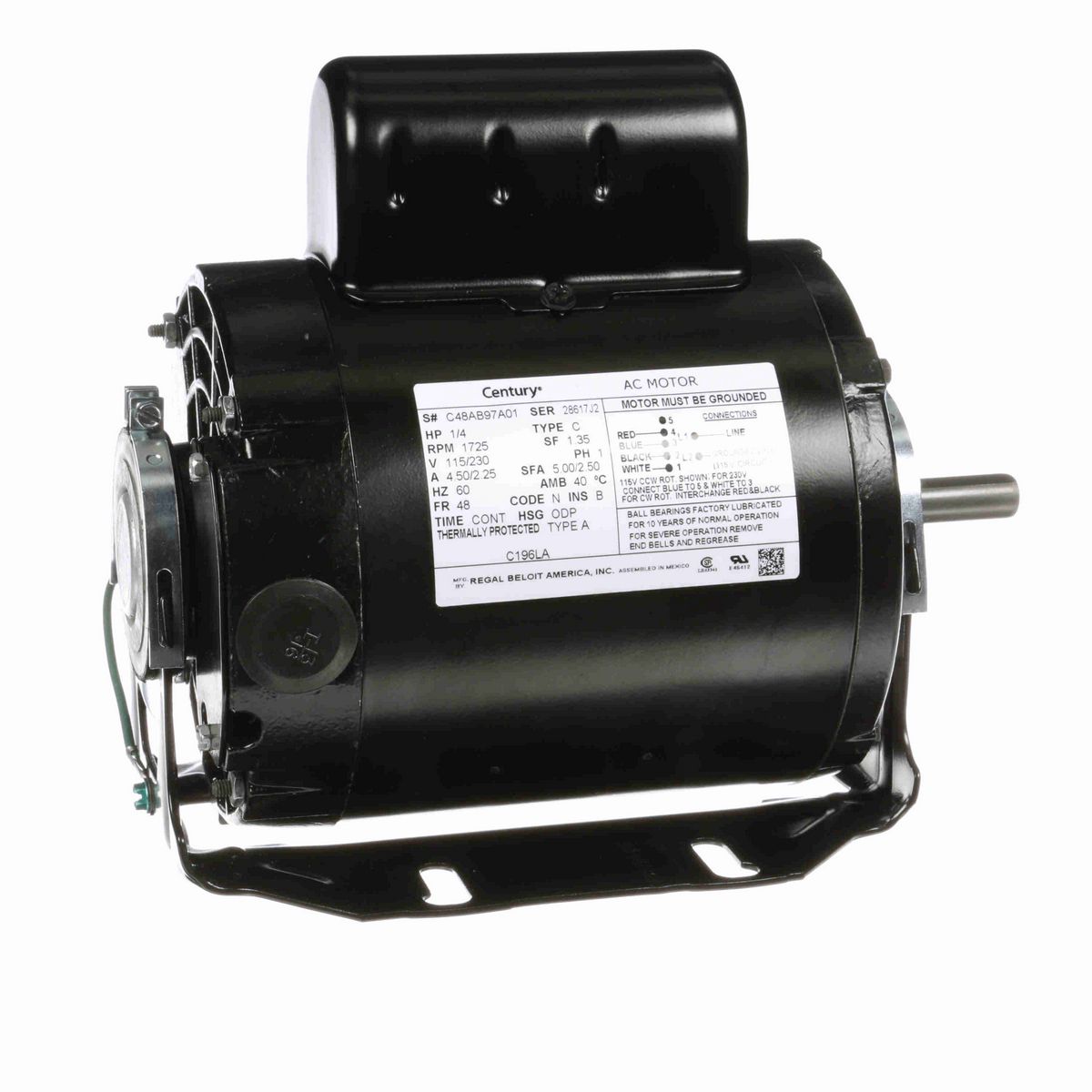 Century Fan and Blower Motor, 1/4 HP, 1 Ph, 60 Hz, 115/230 V, 1800 RPM, 48 Frame, ODP - C196LA