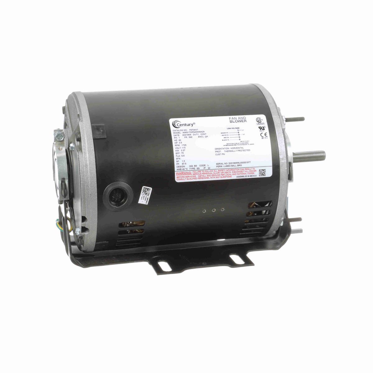 Century Fan and Blower Motor, 0.5 HP, 1 Ph, 60 Hz, 115 V, 1800 RPM, 56Z Frame, DP - F670AV1