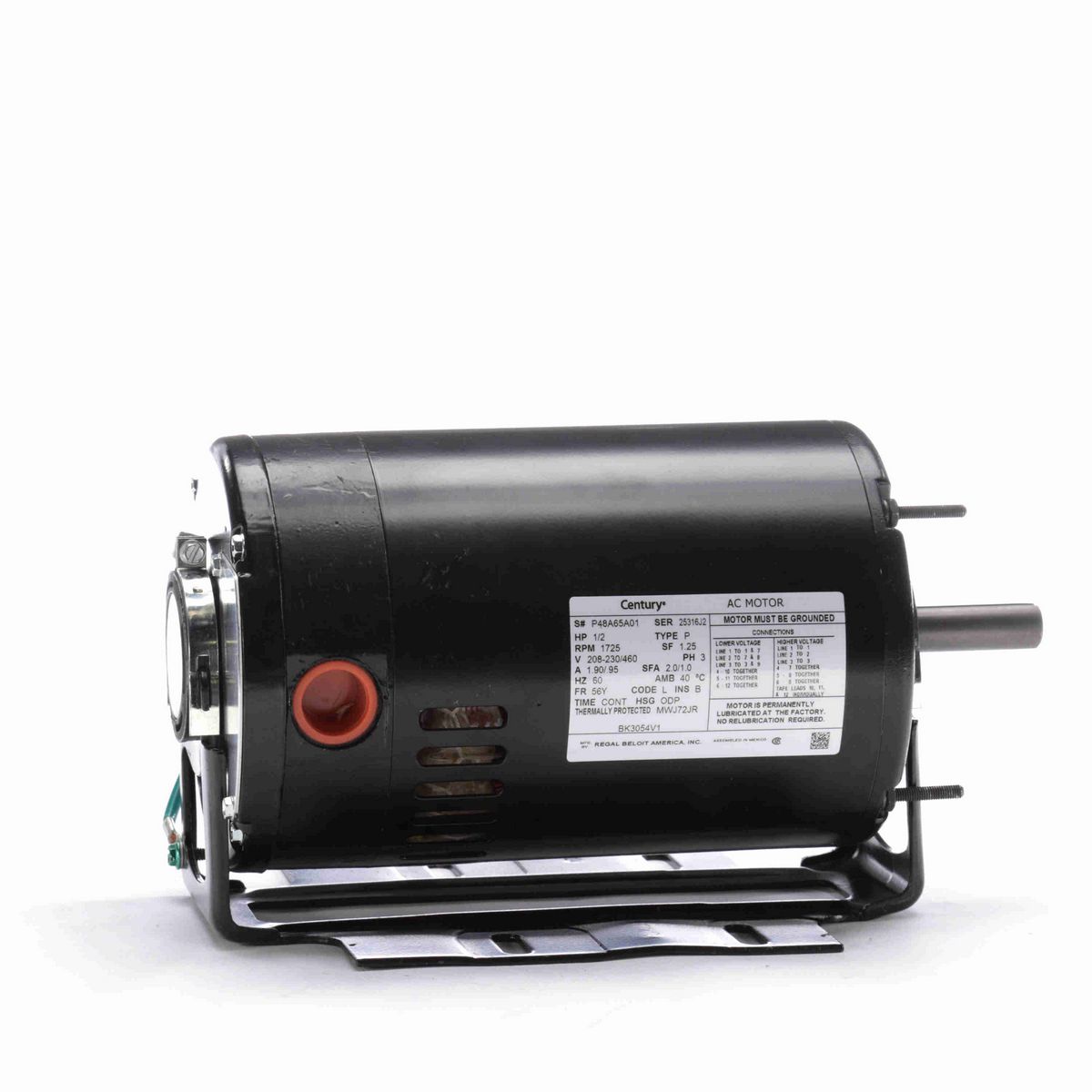 Century Fan and Blower Motor, 1/2 HP, 3 Ph, 60 Hz, 208-230/460 V, 1800 RPM, 56Y Frame, ODP - BK3054V1