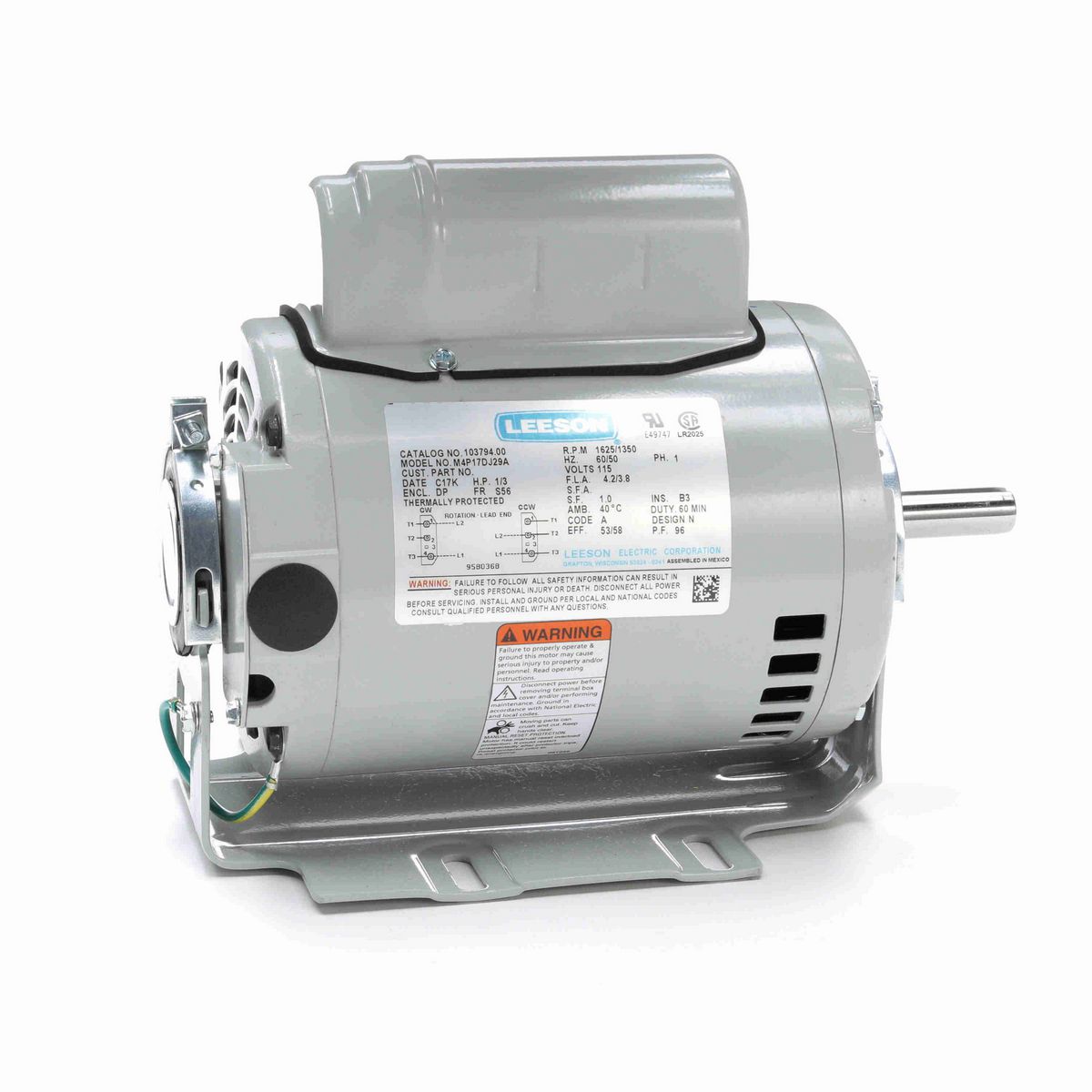 LEESON General Purpose Motor, 0.33 HP, 1 Ph, 60 Hz, 115 V, 1800 RPM, JS56 Frame, DP - 191742.00