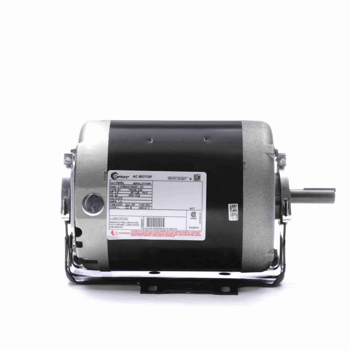 Century General Purpose Motor, 1.0 HP, 3 Ph, 60 Hz, 575 V, 1800 RPM, K56 Frame, DP - H959L