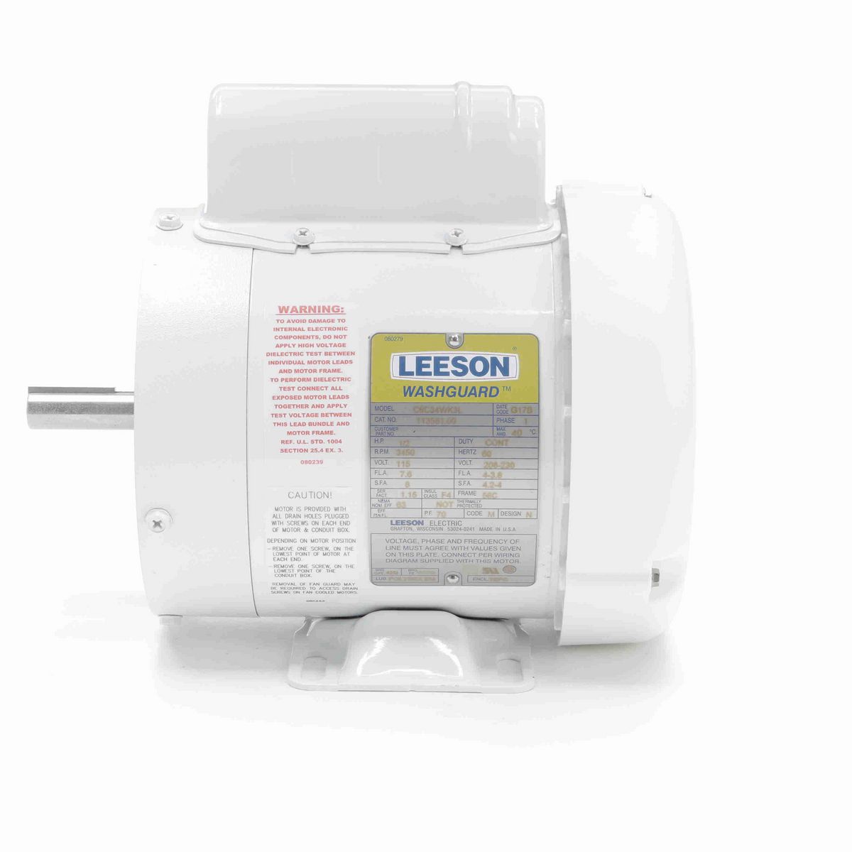LEESON White Duck™ General Purpose Motor, 0.50 HP, 1 Ph, 60 Hz, 115/230 V, 3600 RPM, 56C Frame, TEFC - 113581.00