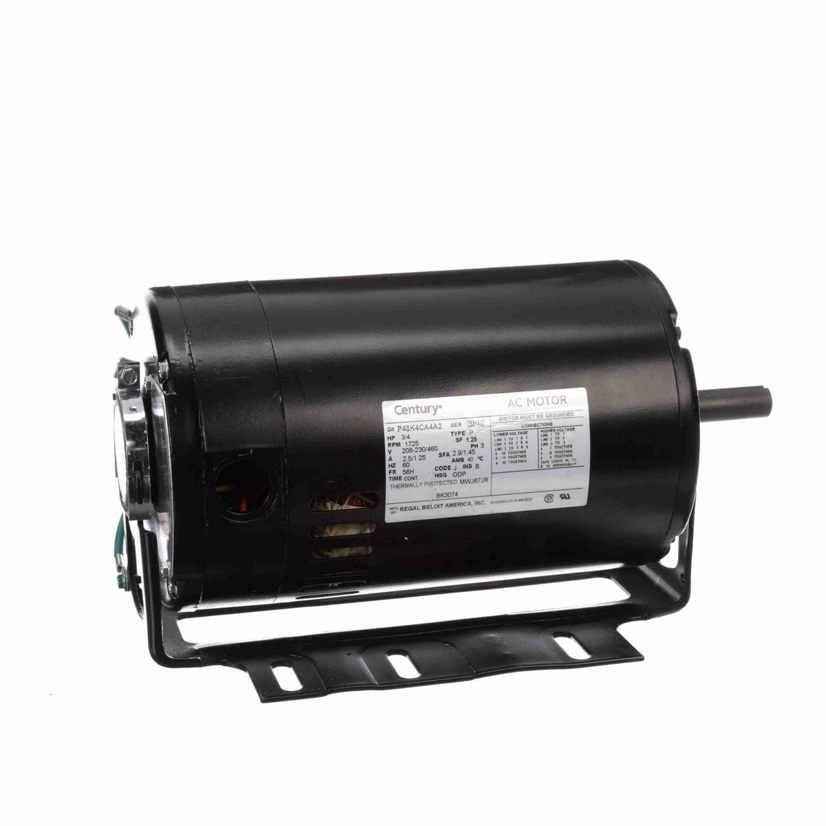 Century Fan and Blower Motor, 3/4 HP, 3 Ph, 60 Hz, 208-230/460 V, 1800 RPM, 56H Frame, ODP - BK3074