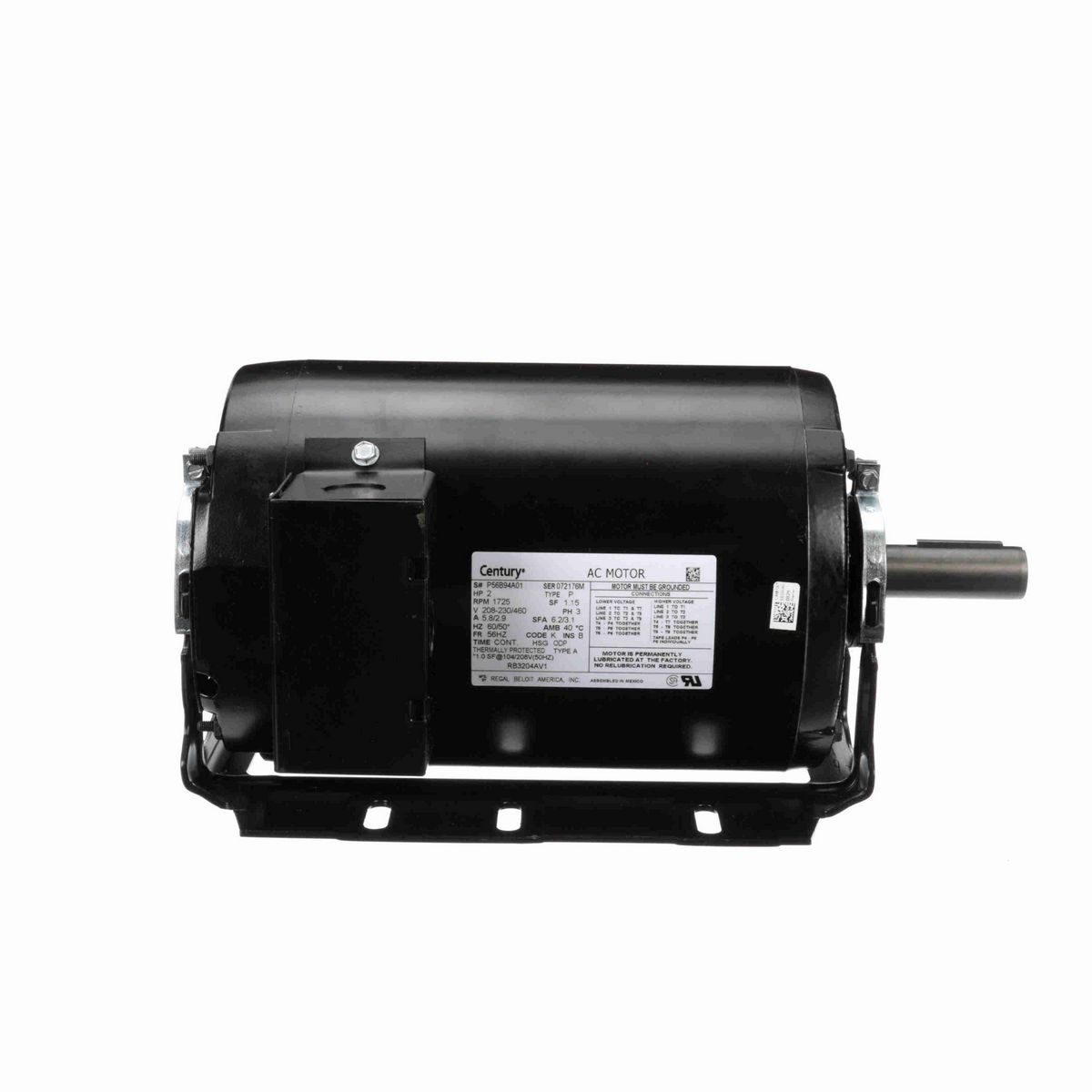Century Fan and Blower Motor, 2 HP, 3 Ph, 60 Hz, 208-230/460 V, 1800 RPM, 56HZ Frame, ODP - RB3204AV1
