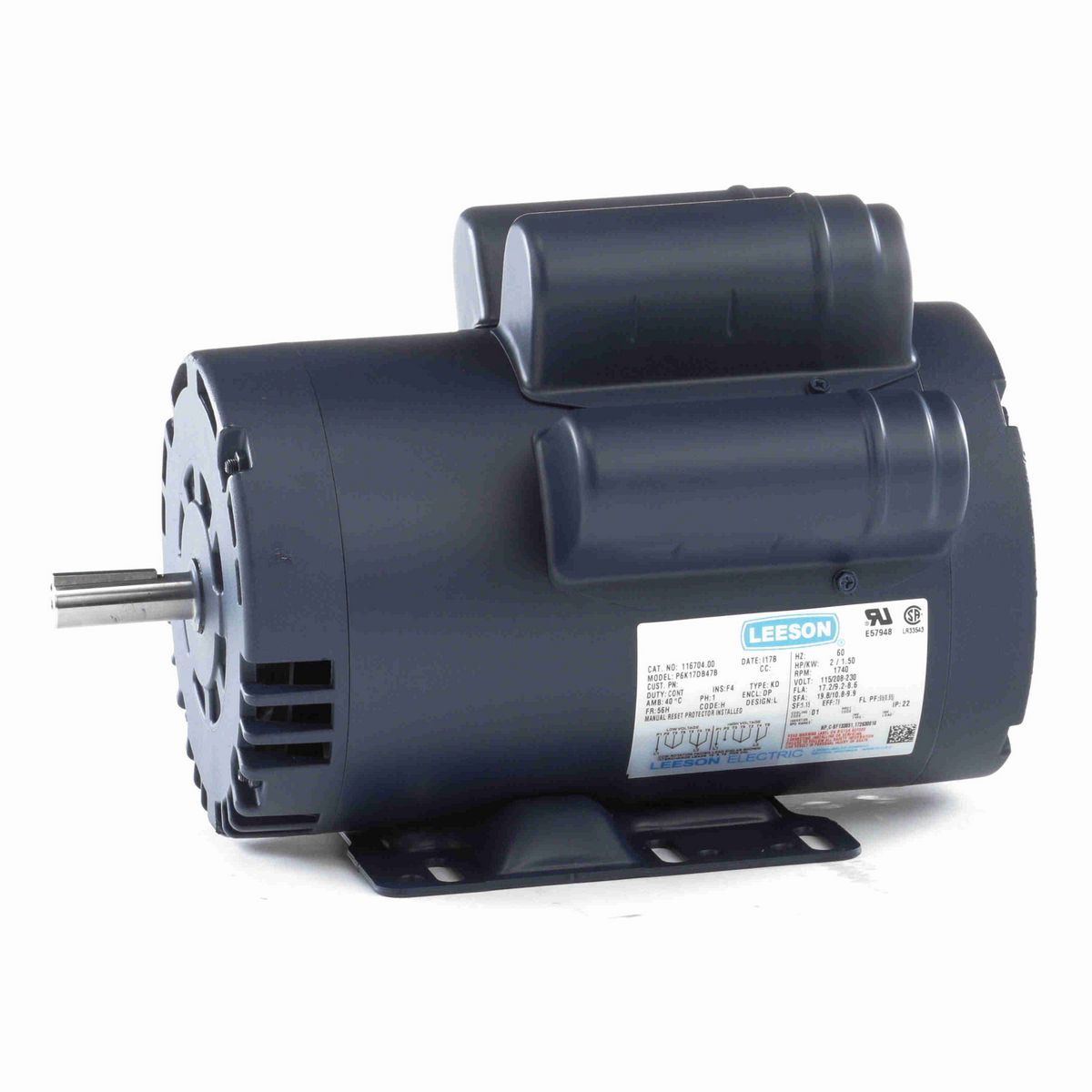 LEESON Pressure Washer Motor, 2 HP, 1 Ph, 60 Hz, 115/230 V, 1800 RPM, 56H Frame, DP - 116704.00