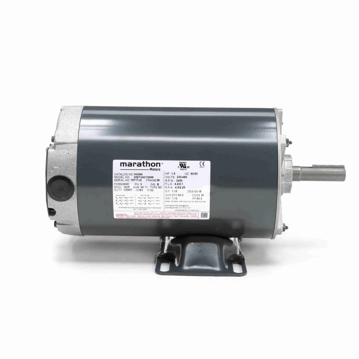 LEESON General Purpose Motor, 1.50 & 1 HP, 3 Ph, 60 & 50 Hz, 230/460 & 190/380 V, 3600 & 3000 RPM, 56 Frame, DP - K009A