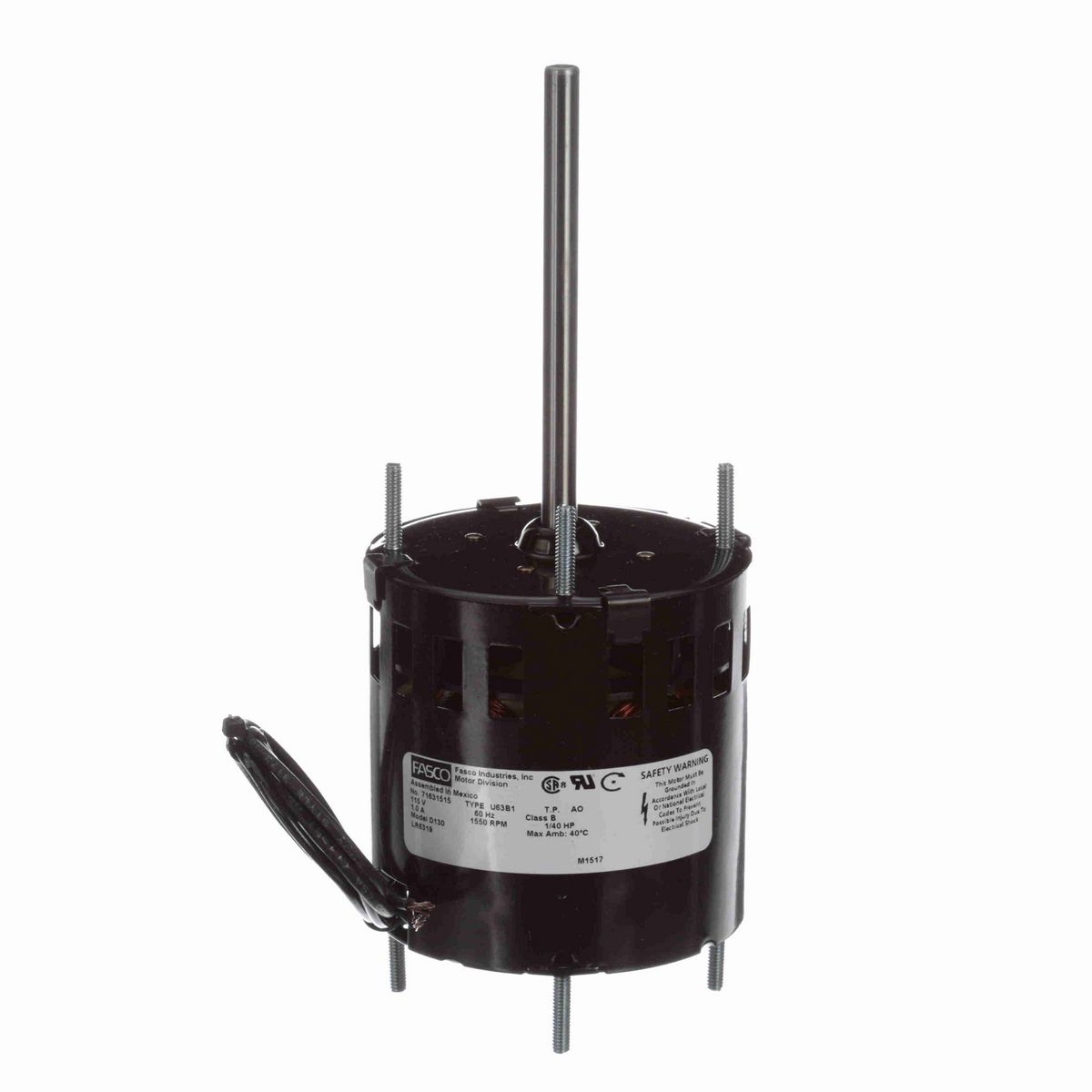 FASCO OEM Replacement Motor, 1/40 HP, 1 Ph, 60 Hz, 115 V, 1550 RPM, 1 Speed, 3.3" Diameter, OAO - D130