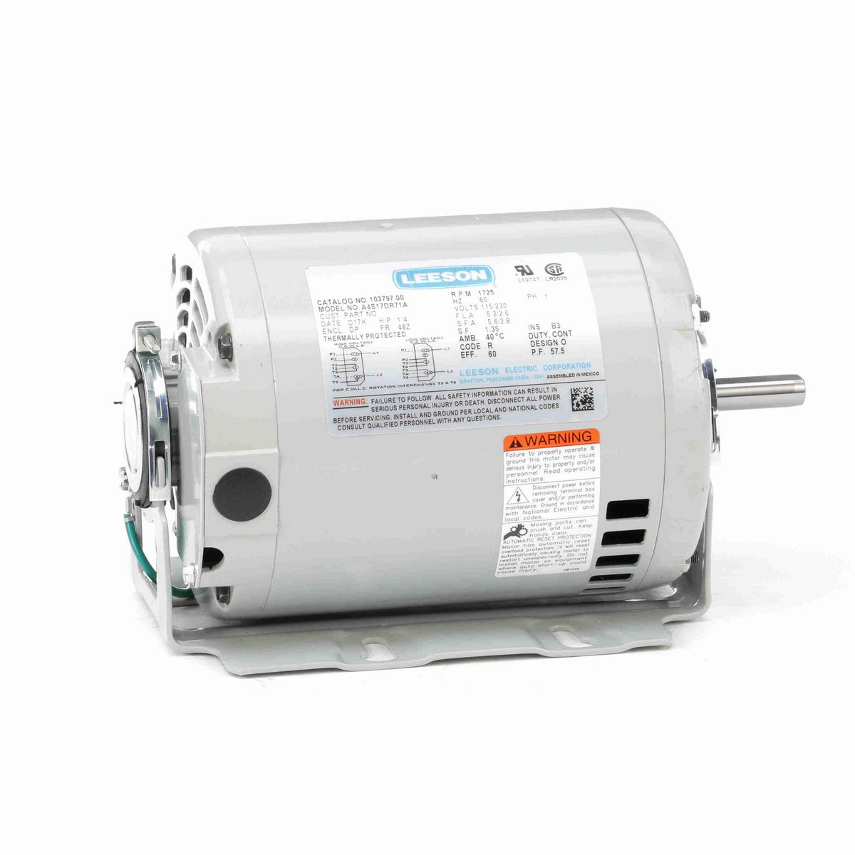 LEESON Fan and Blower Motor, 0.25 HP, 1 Ph, 60 Hz, 115/230 V, 1800 RPM, 48 Frame, DP - 191868.00