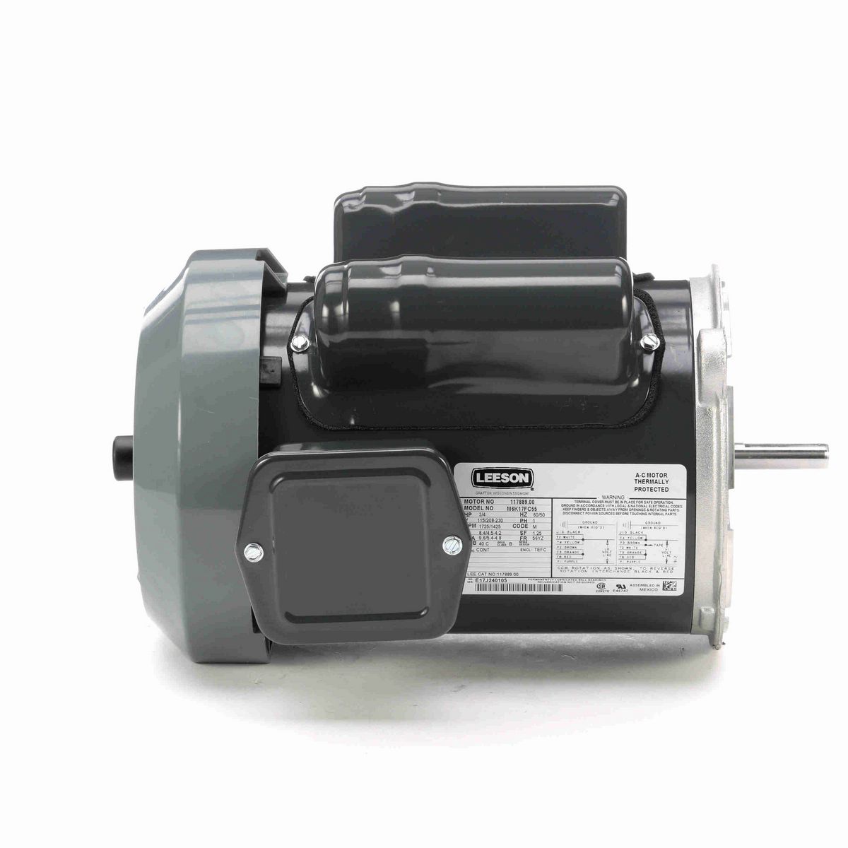 LEESON Auger Drive Motor, 0.75 HP, 1 Ph, 60 Hz, 115/208-230 V, 1800 RPM, 56YZ Frame, TEFC - 117889.00