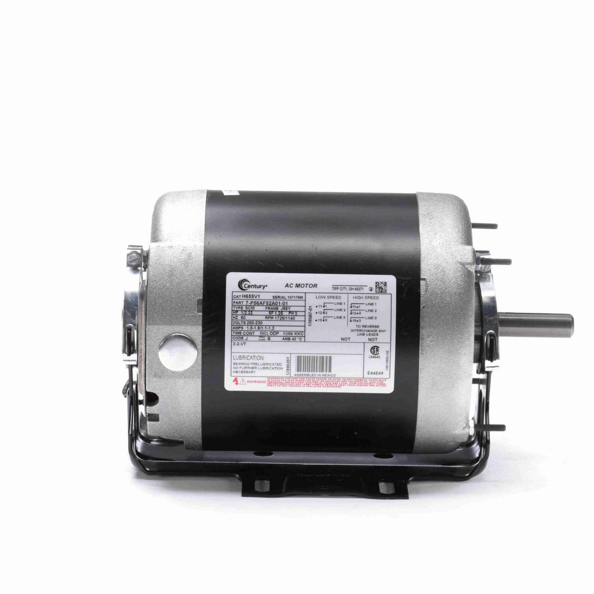 Century Fan and Blower Motor, 1/2.22 HP, 3 Ph, 60 Hz, 200-230 V, 1800 RPM, J56Y Frame, ODP - H655V1