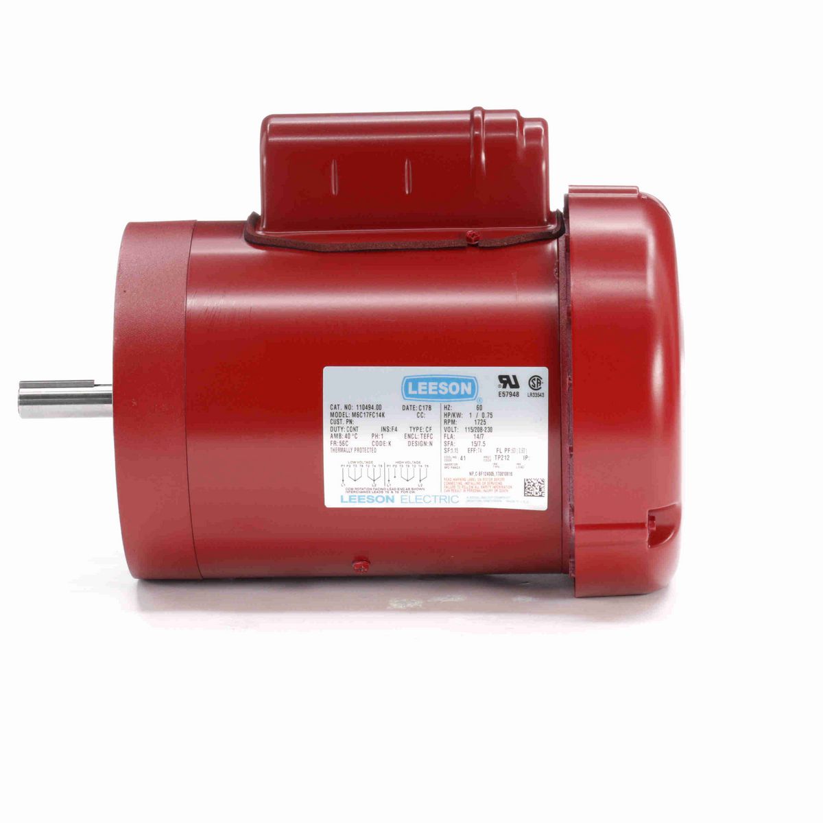LEESON Agricultural Motor, 1 HP, 1 Ph, 60 Hz, 115/230 V, 1800 RPM, 56C Frame, TEFC - 110494.00
