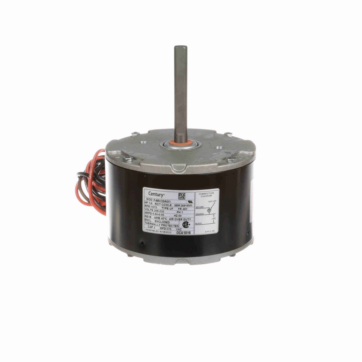 Century OEM Replacement Motor, 1/6 HP, 1 Ph, 60 Hz, 208-230 V, 1075 RPM, 1 Speed, 48 Frame, TEAO - OCA1016