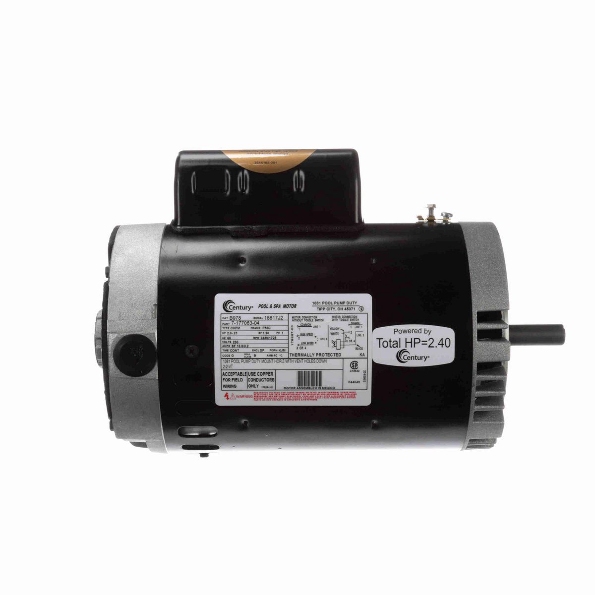 Century Pool Pump Motor, 2.0-.25 HP, 1 Ph, 60 Hz, 230 V, 3600 RPM, P56C Frame, DP - B978