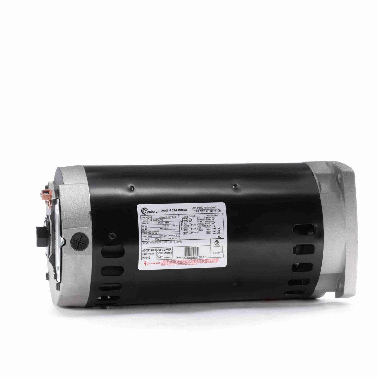 Century Pool Pump Motor, 5.0 HP, 3 Ph, 60 Hz, 208-230/460 V, 3600 RPM, Y56Y Frame, DP - H995