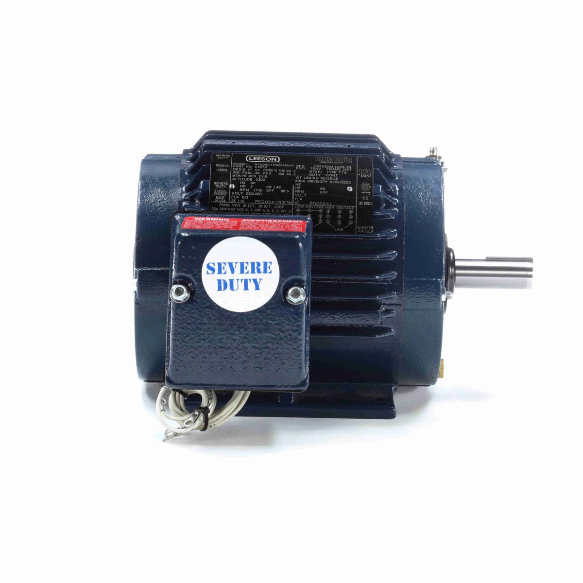 LEESON Severe Duty Motor, 2 HP, 3 Ph, 60 Hz, 230/460 V, 1800 RPM, 145T Frame, TENV - E467A