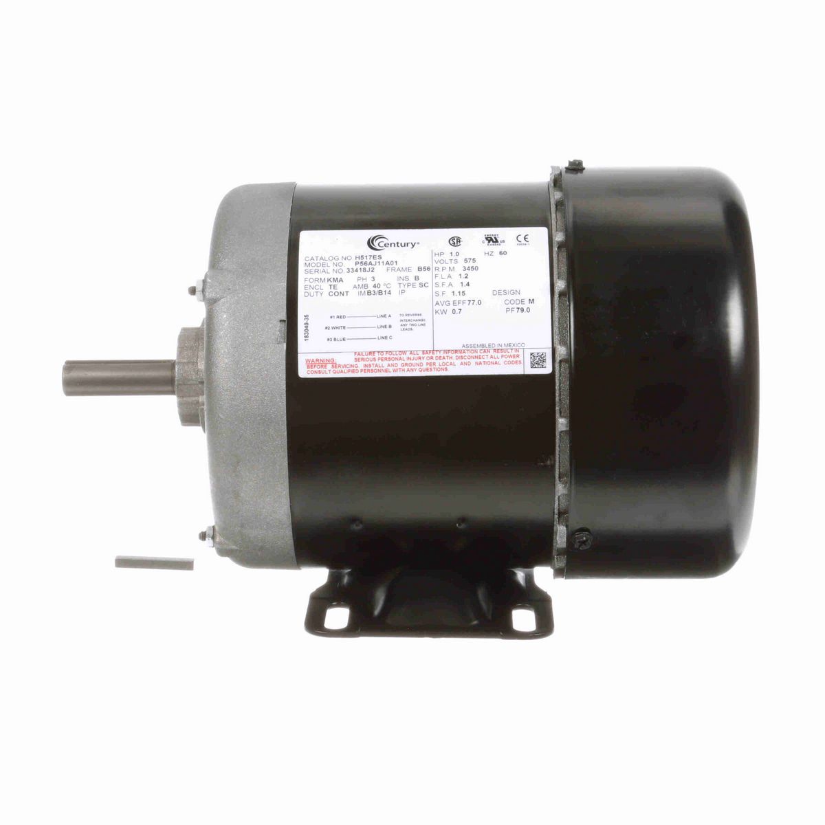 Century General Purpose Motor, 1.0 HP, 3 Ph, 60 Hz, 575 V, 3600 RPM, B56 Frame, TEFC - H517ES