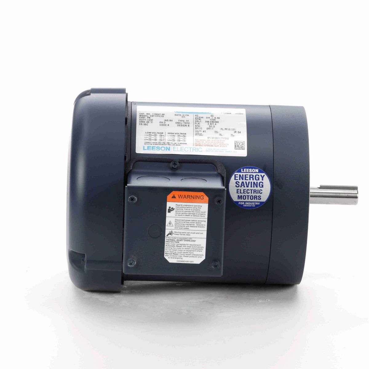 LEESON General Purpose Motor, 0.75 HP, 3 Ph, 60 Hz, 230/460 V, 1800 RPM, 56C Frame, TEFC - 110047.00