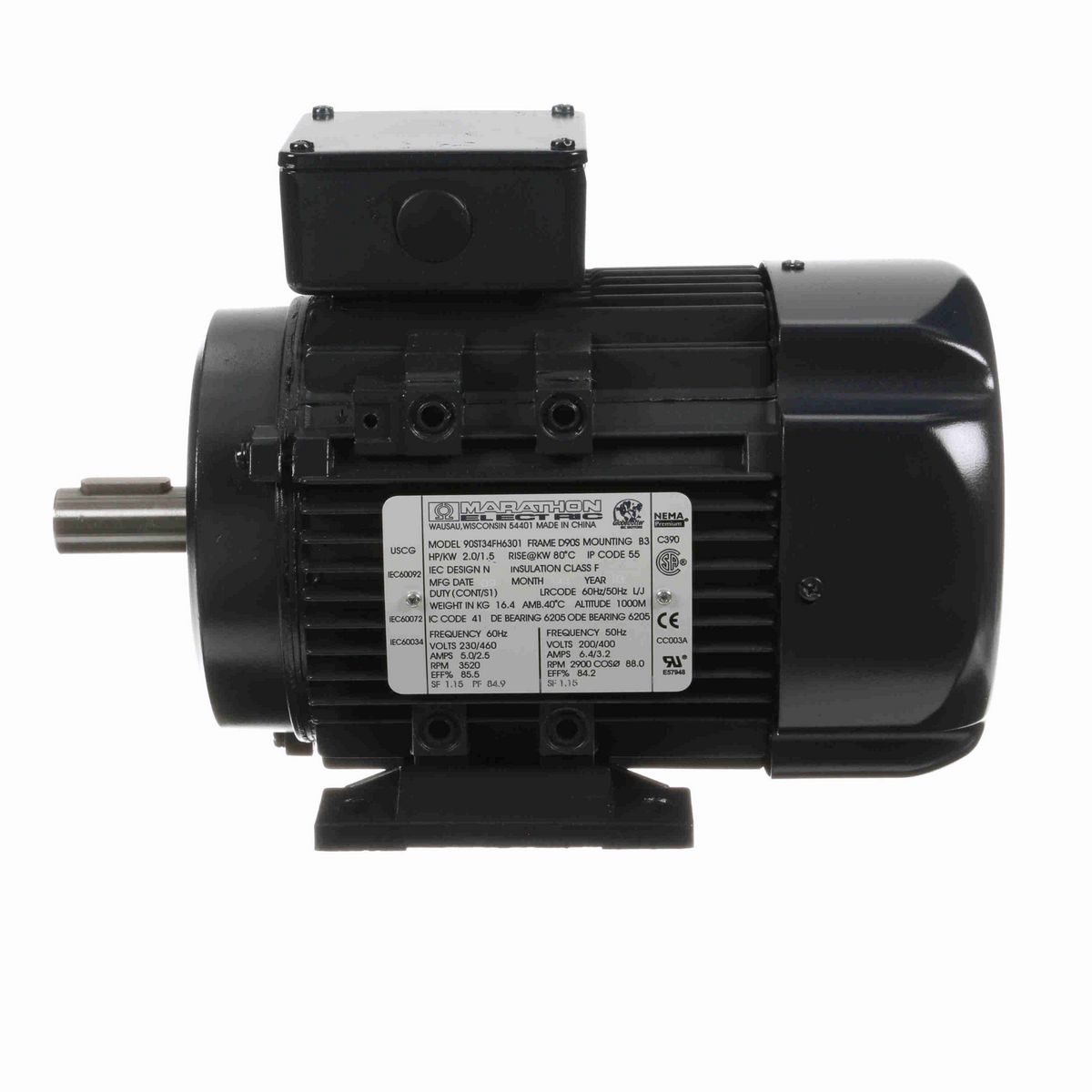 LEESON Aluminium Motor, 2 & 2 HP, 3 Ph, 60 & 50 Hz, 230/460 & 200/400 V, 3600 & 3000 RPM, 90S Frame, TEFC - R318A