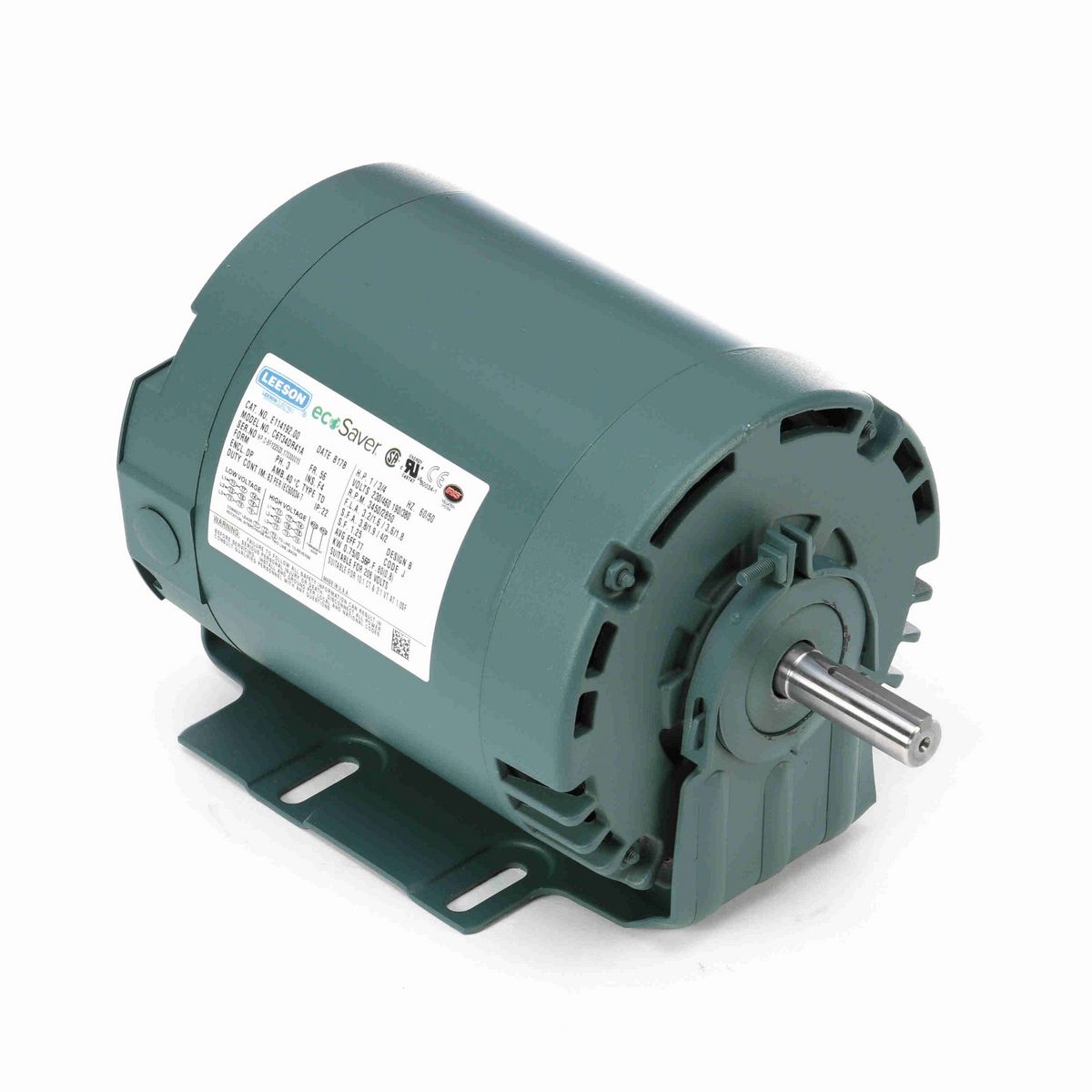 LEESON ecoSaver™ General Purpose Motor, 1 & 0.75 HP, 3 Ph, 60 & 50 Hz, 230/460 & 190/380 V, 3600 & 3000 RPM, 56 Frame, DP - E114192.00