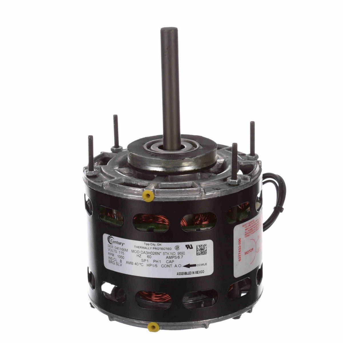 Century Fan and Blower Motor, 1/5 HP, 1 Ph, 60 Hz, 115 V, 1050 RPM, 1 Speed, 42 Frame, OPEN - 9690