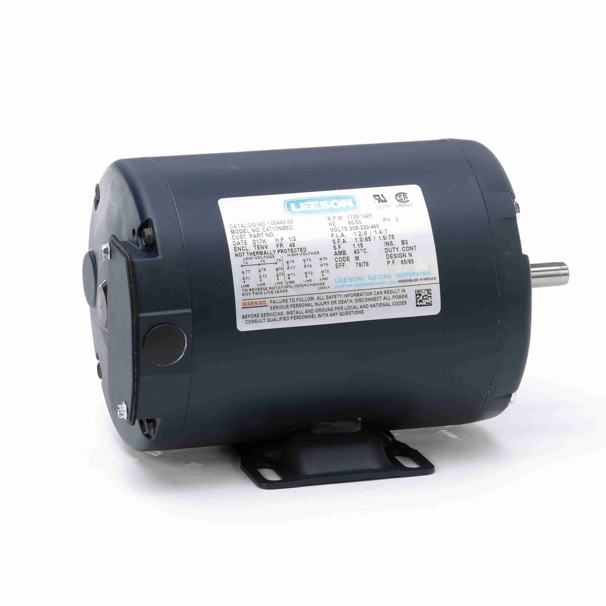 LEESON General Purpose Motor, 0.33 & 0.33 HP, 3 Ph, 60 & 50 Hz, 230/460 & 208-230/460 V, 1800 & 1500 RPM, 48 Frame, TENV - 100443.00