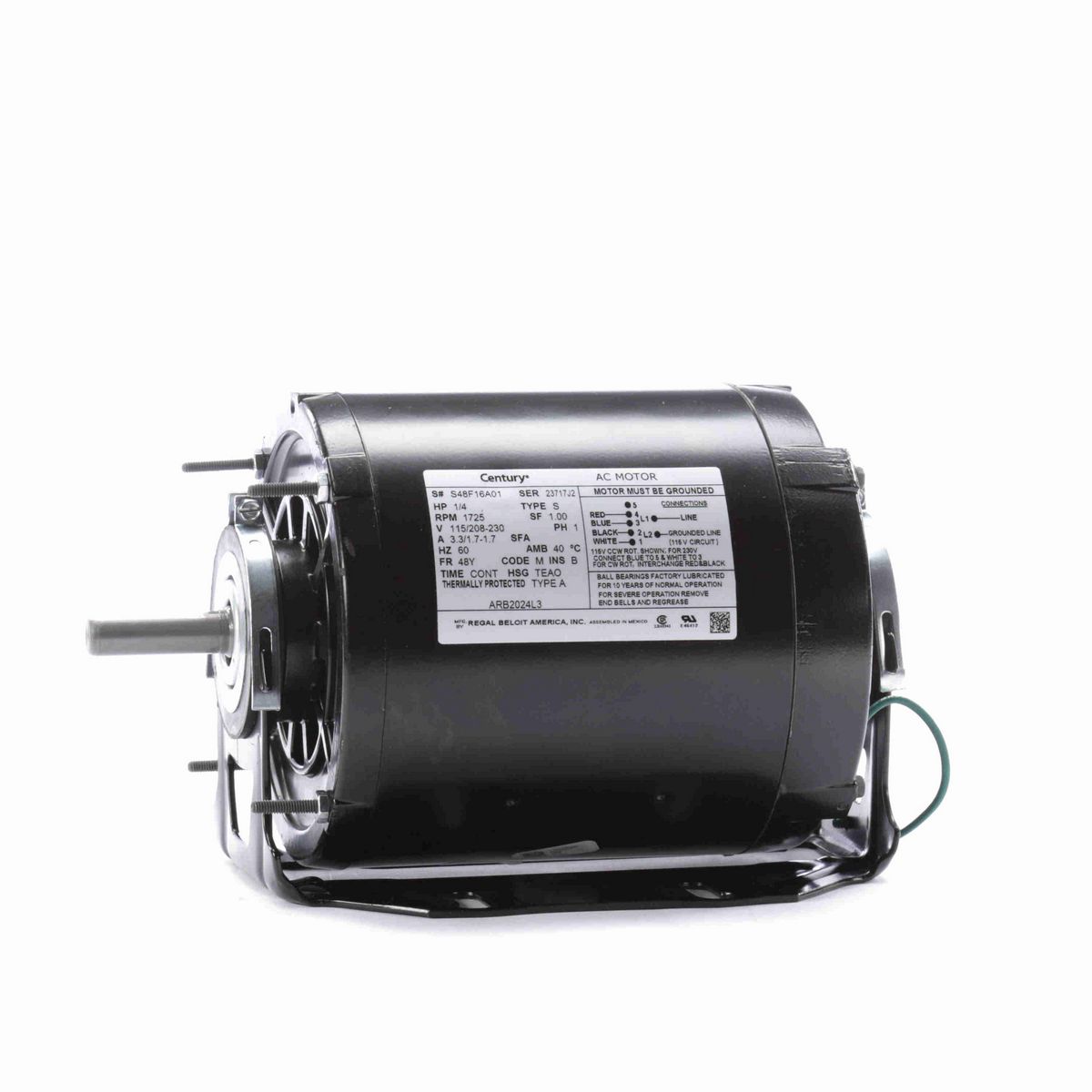 Century Fan and Blower Motor, 1/4 HP, 1 Ph, 60 Hz, 115/208-230 V, 1800 RPM, 48Y Frame, TEAO - ARB2024L3