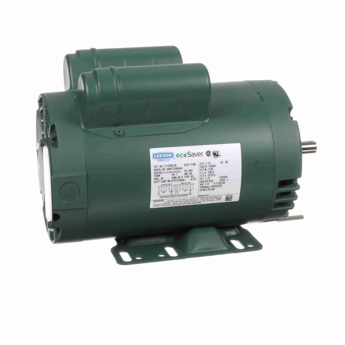 LEESON ecoSaver™ General Purpose Motor, 1.50 HP, 1 Ph, 60 Hz, 115/230 V, 1800 RPM, 56H Frame, DP - E113266.00